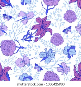 Seamless pattern with butterfly, lilium, ylang, roses, iris, carnation flowers. Colorful vector illustration. Print for home textile and clothes, fabric, textile 