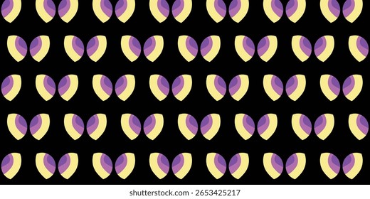 Padrão sem costura motivo borboleta com uma combinação de roxo claro, roxo escuro e amarelo em um fundo preto