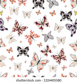 Seamless pattern with butterfly on beige, black and white background. Vector illustration. Cute background for design of fabric, paper, wrappers and wallpaper.