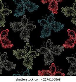 Seamless pattern with butterfly on black background. Contemporary composition.  Butterflies and dandelions of gold color on a black background in a vector pattern.