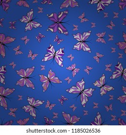 Seamless pattern with butterfly on blue, violet and white background. Cute background for design of fabric, paper, wrappers and wallpaper. Vector illustration.