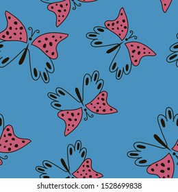Seamless pattern with butterfly on blue background, vector illustration