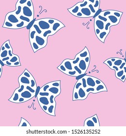 Seamless pattern with butterfly on pink background, vector illustration