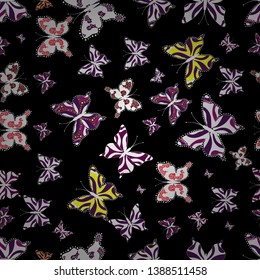 Seamless pattern with butterfly on purple, neutral and black background. Cute background for design of fabric, paper, wrappers and wallpaper. Vector illustration.