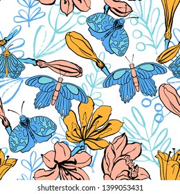 Seamless pattern with butterfly, orchid, clematis,clivia flowers. Colorful vector illustration. Print for home textile and clothes, fabric, textile