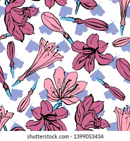 Seamless pattern with butterfly, orchid, clematis,clivia flowers. Colorful vector illustration. Print for home textile and clothes, fabric, textile