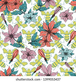 Seamless pattern with butterfly, orchid, clematis,clivia flowers. Colorful vector illustration. Print for home textile and clothes, fabric, textile
