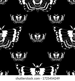 Seamless pattern, butterfly with a painted skull on a black background, vector illustration