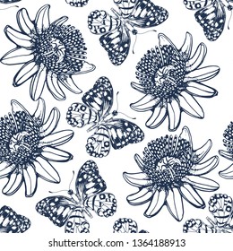 seamless pattern, butterfly and passion fruit flowers,white background,vector illustration, hand drawing