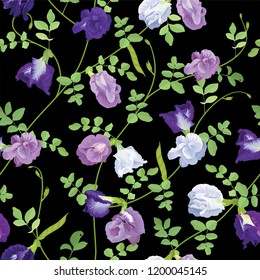 Seamless pattern of butterfly pea flowers in blue, white, purple color and leaf frame on background. Vector set of blooming floral for wedding invitations and greeting card design.