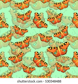Seamless pattern with butterfly peacock eye on green vector illustration