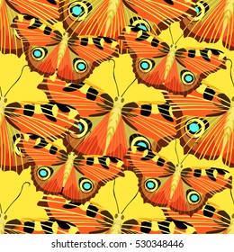 Seamless pattern with butterfly peacock on yellow vector illustration