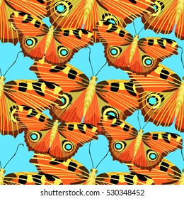 Seamless pattern with butterfly peacock on blue vector illustration