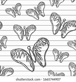 Patrón transparente de mariposa en un estilo dibujado a mano a lápiz sobre líneas de papel
