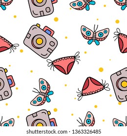 Seamless Pattern of Butterfly, Pocket Camera and bikini hand drawn in cute colorfull doodle vector