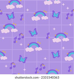 Seamless pattern butterfly rainbows 2000s on violet background in y2k style. Illustration for textile, paper, fabric, background, print design. Vector