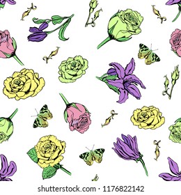 Seamless pattern with butterfly, roses flowers. Colorful vector illustration. Print for home textile and clothes, fabric, textile