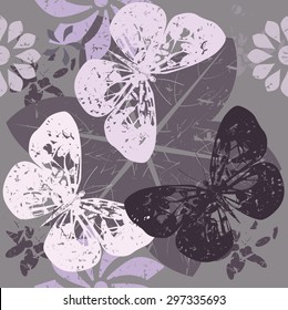 Seamless Pattern with Butterfly silhouettes on blossom flowers.Vector image for your designs.