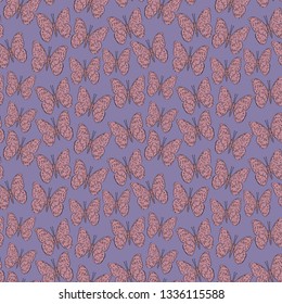 Seamless pattern with butterfly sketch, lilac pink purple background. simple art. Can be used for Gift wrap, fabrics, wallpapers. Vector