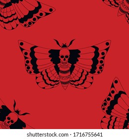 Seamless pattern butterfly with skull pattern on a red background, vector illustration