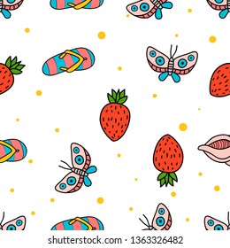 Seamless Pattern of Butterfly, strawberry and flipflop hand drawn in cute colorfull doodle vector