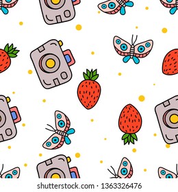 Seamless Pattern of Butterfly, strawberry and pocket camera hand drawn in cute colorfull doodle vector