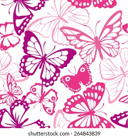 Seamless Pattern With Butterfly. Summer Pink Background With Butterfly Silhouettes
