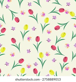 Seamless pattern with butterfly and tulips on light yellow background vector. Can be used for fabric, wrapping paper, scrapbooking, textile, banner and other design.