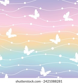 Seamless Pattern with Butterfly, and Wavy Line design on Gradient pastel Background. Design for scrapbooking, cards, paper goods, background, wrapping, fabric and more. Vector illustration