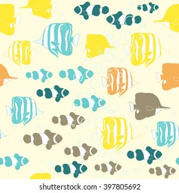 Seamless Pattern with Butterflyfishes and Clownfishes. Vector illustration.