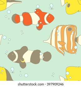 Seamless Pattern with Butterflyfishes and Clownfishes. Vector illustration.