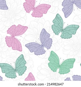 Seamless pattern with butterfly,flower. Cute seamless on padtel colors. Floral ornament. Hand-drawn contour lines and strokes. Wedding background.