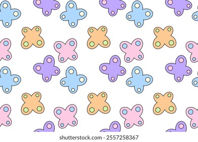 A seamless pattern of butterfly-like shapes in pastel tones of blue, pink, purple, and orange, decorated with circular accents.