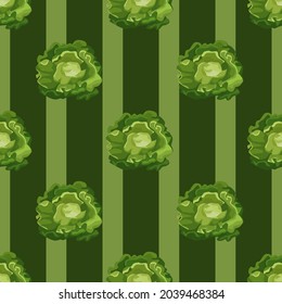 Seamless pattern Butterhead salad on dark green striped background. Simple ornament with lettuce. Geometric plant template for fabric. Design vector illustration.