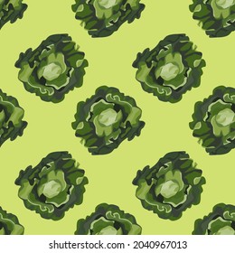 Seamless pattern Butterhead salad on pastel green background. Modern ornament with lettuce. Diagonal plant template for fabric. Design vector illustration.