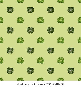 Seamless pattern Butterhead salad on light green background. Minimalistic ornament with lettuce. Geometric plant template for fabric. Design vector illustration.