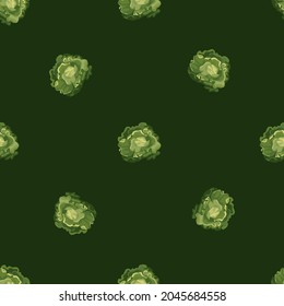 Seamless pattern Butterhead salad on dark green background. Minimalistic ornament with lettuce. Random plant template for fabric. Design vector illustration.