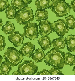 Seamless pattern Butterhead salad on bright green background. Modern ornament with lettuce. Random plant template for fabric. Design vector illustration.