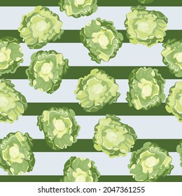 Seamless pattern Butterhead salad on blue striped background. Simple ornament with lettuce. Random plant template for fabric. Design vector illustration.