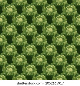 Seamless pattern Butterhead salad on dark background. Simple ornament with lettuce. Geometric plant template for fabric. Design vector illustration.