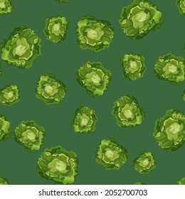 Seamless pattern Butterhead salad on teal background. Simple ornament with lettuce. Random plant template for fabric. Design vector illustration.