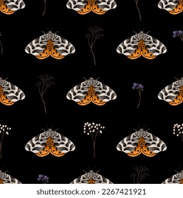 Seamless pattern with butterly, berries and dried branch. Vector