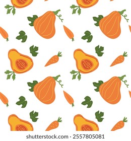 Seamless pattern of butternut squash and carrots on white background.