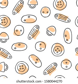 Seamless pattern of buttons on white background with spots. Hand drawn vector illustration.