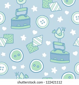 Seamless pattern with buttons, textiles and iron