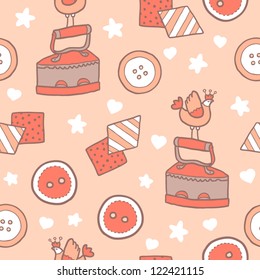 Seamless pattern with buttons, textiles and iron