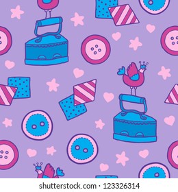 Seamless pattern with buttons, textiles and iron