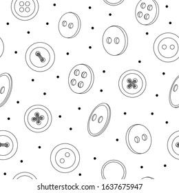 Seamless pattern with buttons. Various buttons on clothing, painted decorative elements in the vector. Vector illustration in sketch style. Black outline on a white background.