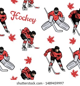 Seamless pattern by Canadian hockey players and maple leaves. Vector graphics.