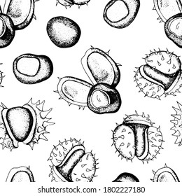 Seamless pattern by chestnut. Autumn hand-drawn pattern. White background, isolator. Stock illustration. Endless texture for your design.